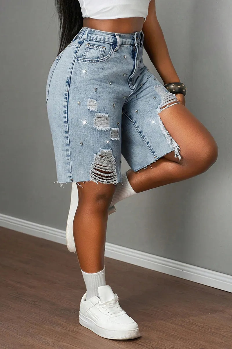 Ladies' Summer Hot Selling Casual Rhinestone Ripped Denim Shorts