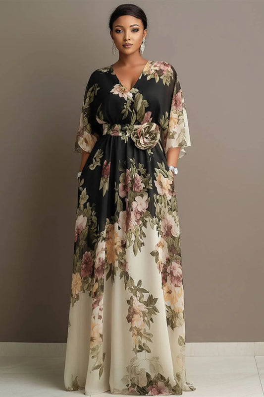Wedding Guest Black Floral Round Neck Flare 3/4 Sleeve Pocket 3D Chiffon Maxi Dresses