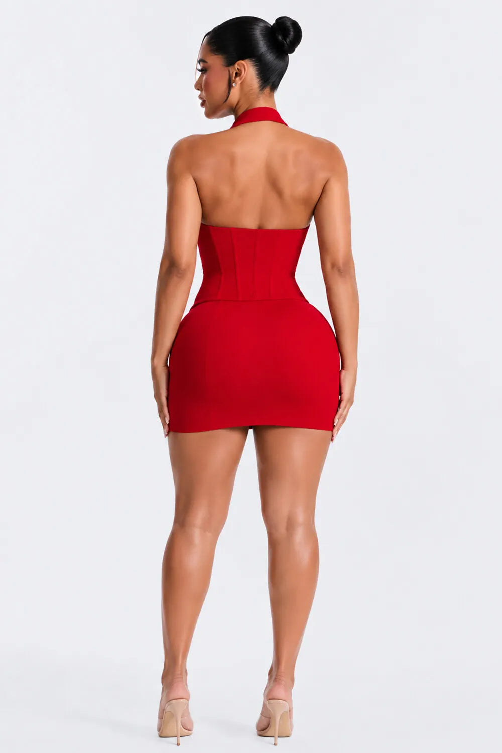 Halter Corset Top Bodycon Mini Skirt Solid Color 2pcs Set-Red [Pre Order]