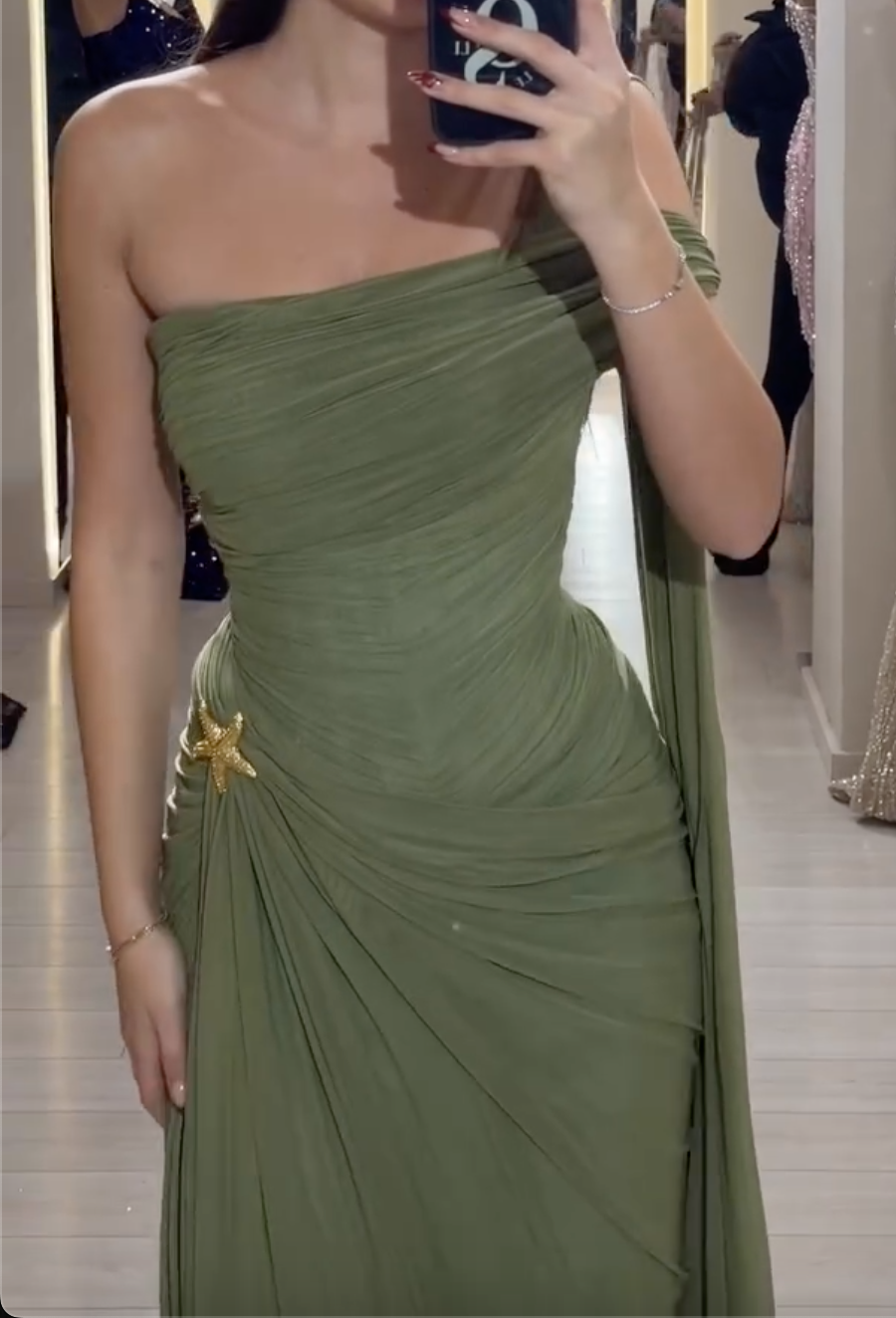 Olive Green One-Shoulder Draped Maxi Dress with Starfish Accent & High Slit