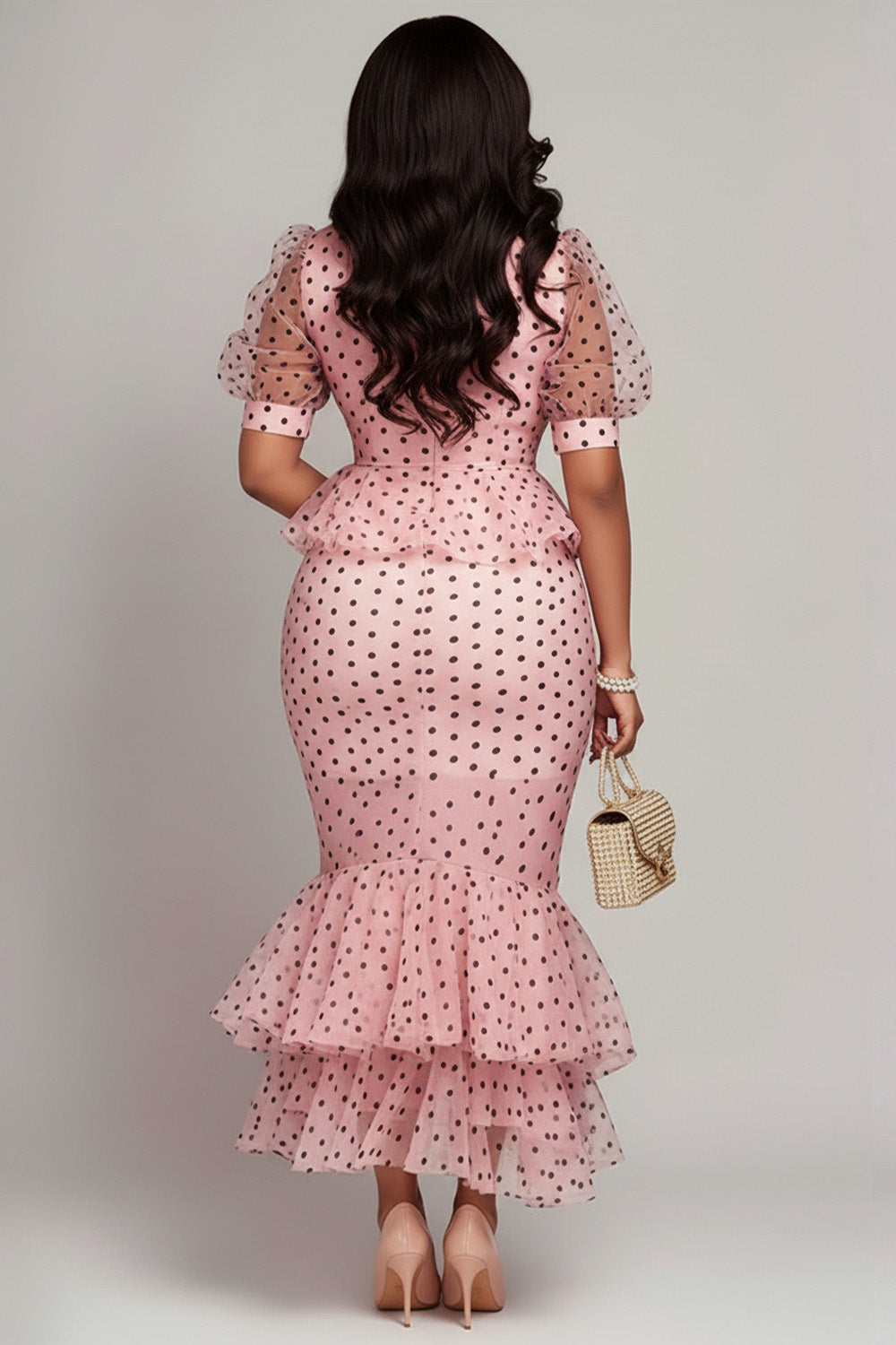 Business Casual Pink Polka Dot Mock Neck Puff Sleeve Short Sleeve Ruffle Bodycon Organza Two Piece Skirt Sets