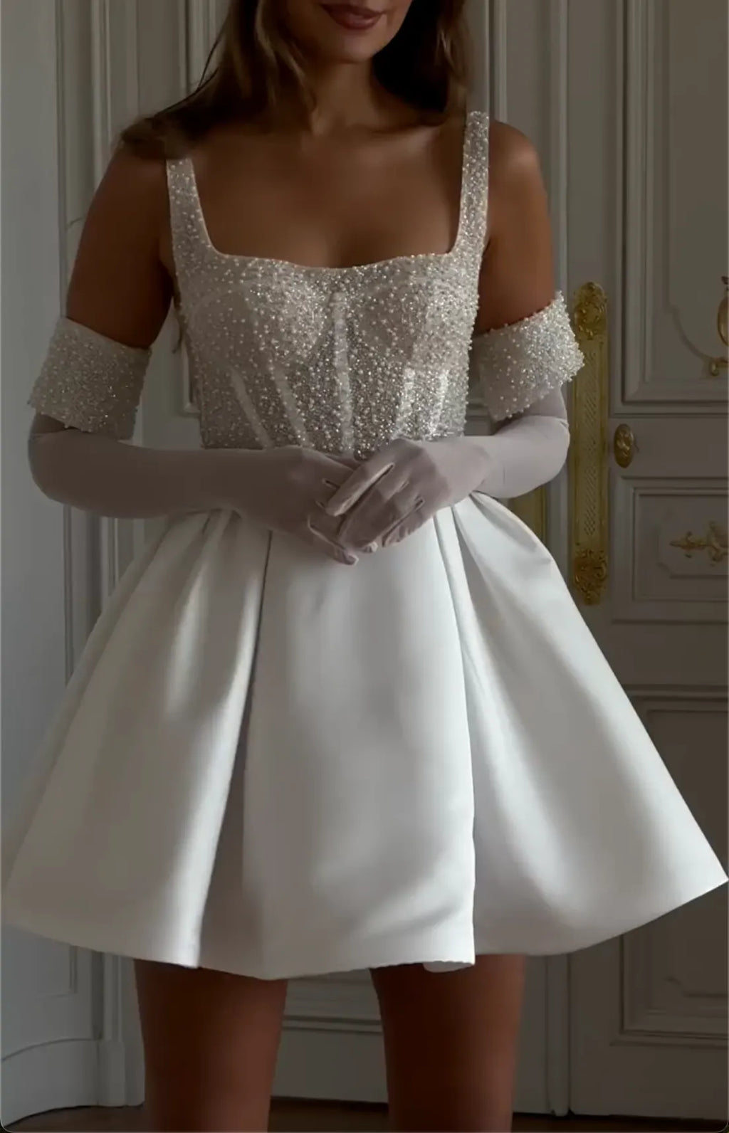 White Square Neck Beaded Corset Mini Dress - Satin Formal Cocktail Gown