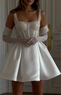 White Square Neck Beaded Corset Mini Dress - Satin Formal Cocktail Gown