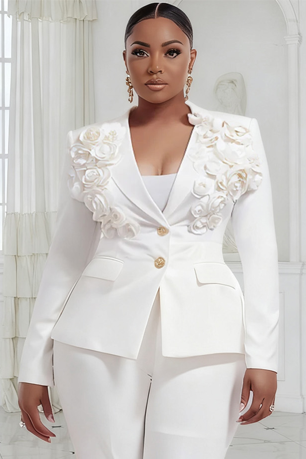 White Turndown Collar Long Sleeve 3D Elegant Pocket Two Piece Pant Suits