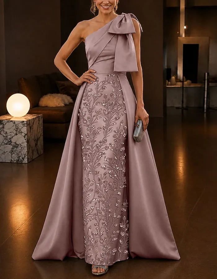 Solid Color Satin Sequined One Shoulder  Maxi Dress