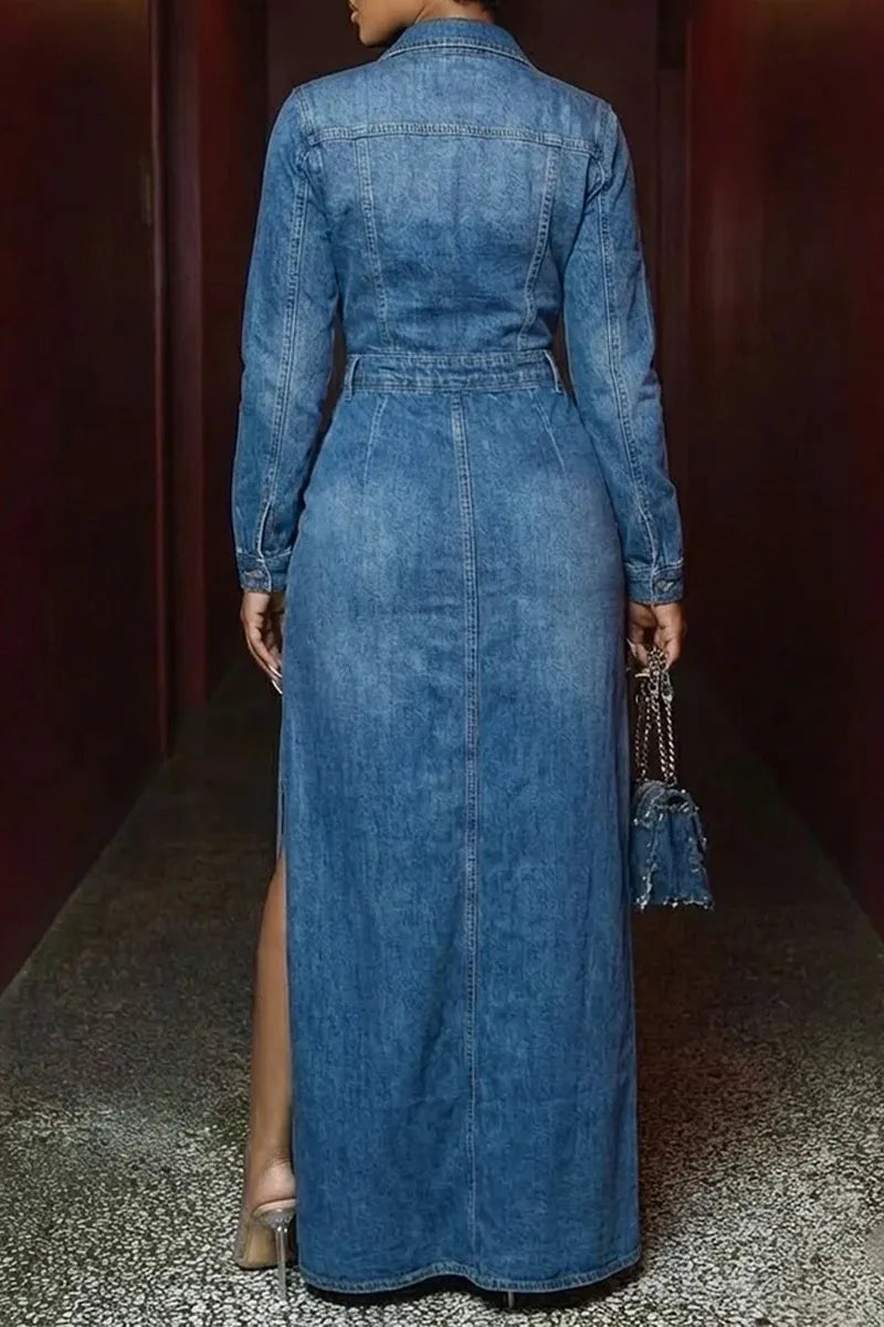 Women's Elegant Versatile Slit Hem Long Sleeve Denim Dress
