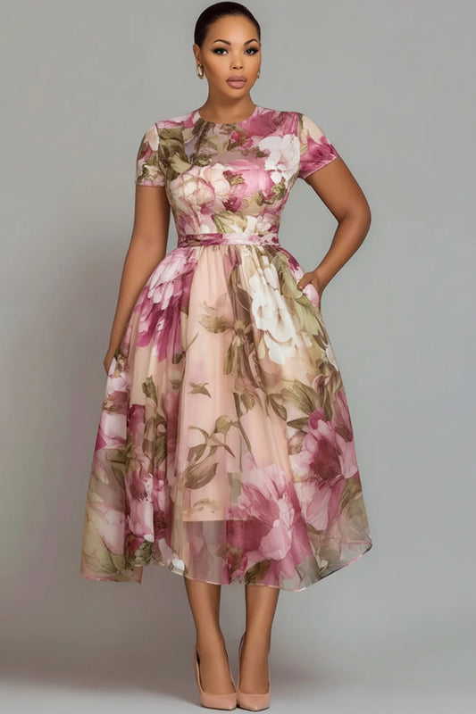 Wedding Guest Pink Floral Round Neck Short Sleeve Pocket See Through Chiffon Midi Dresses