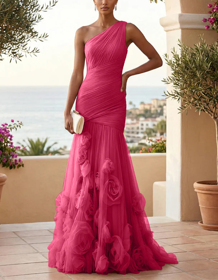 Solid Color One Shoulder 3D Floral Mesh Fishtail Maxi Dress