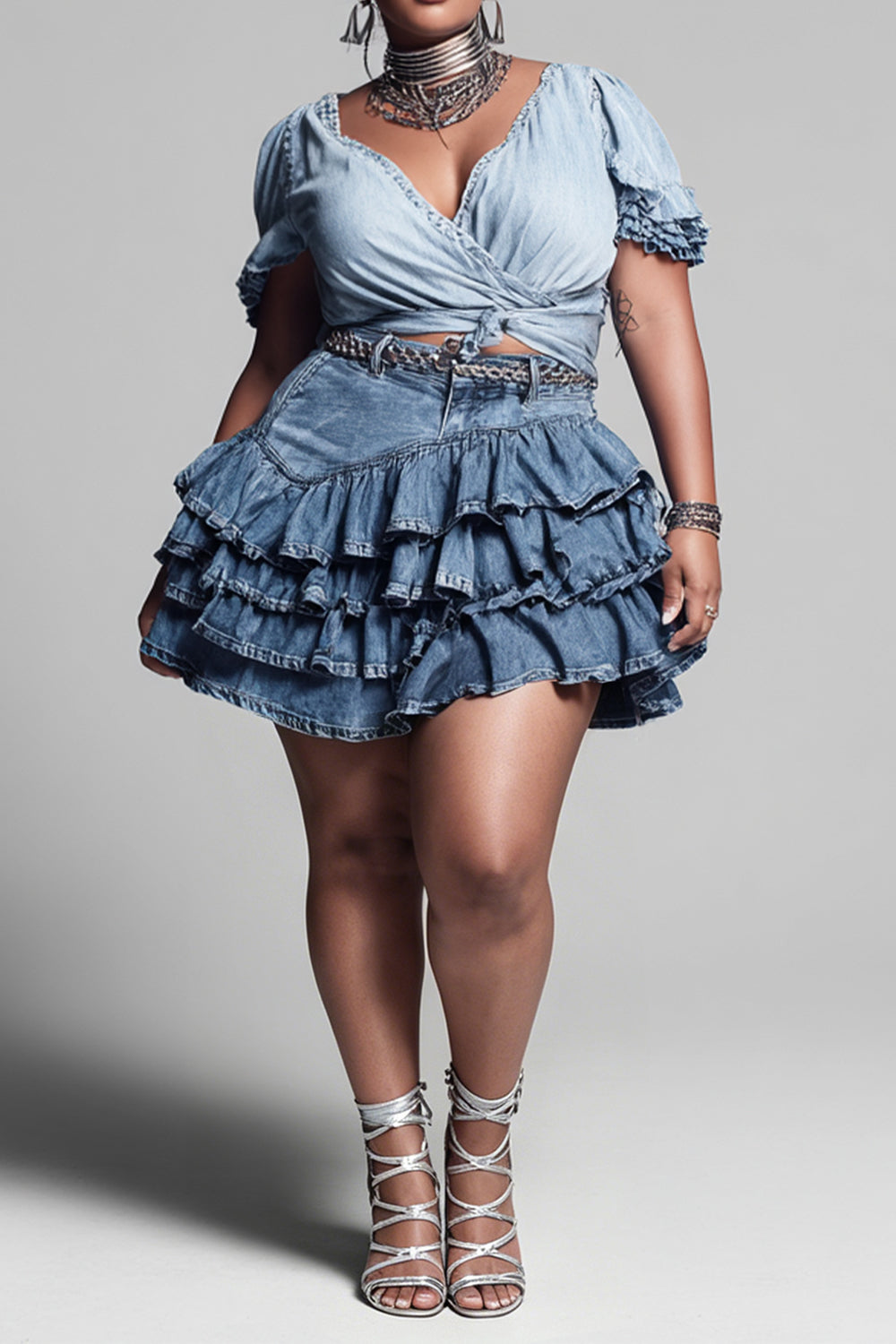 Xpluswear Design Plus Size Daily Casual Blue Ruffle Tiered Denim Skirts