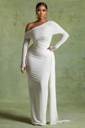 Off Shoulder Ruched Long Streamer Slim Wedding Maxi Dresses-White [Pre Order]