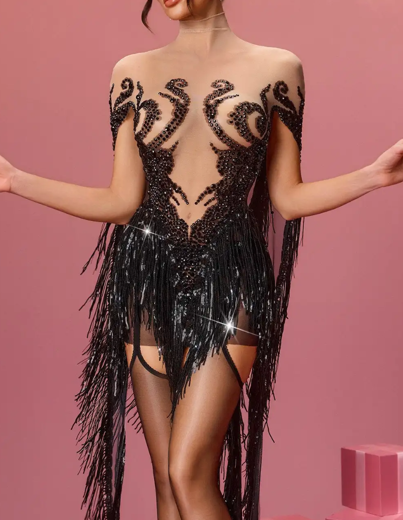 Black Rhinestone Sheer Mesh Fringe Mini Dress