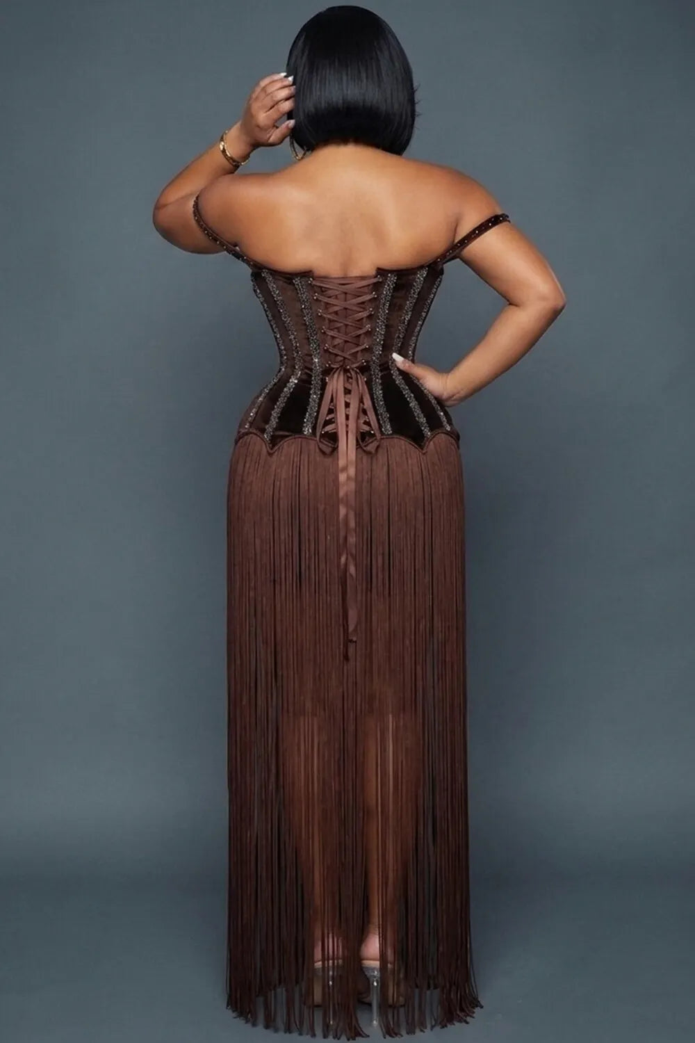 Off Shoulder Rhinestone Fringe Hem Lace-Up Maxi Dresses-Brown [Pre Order]