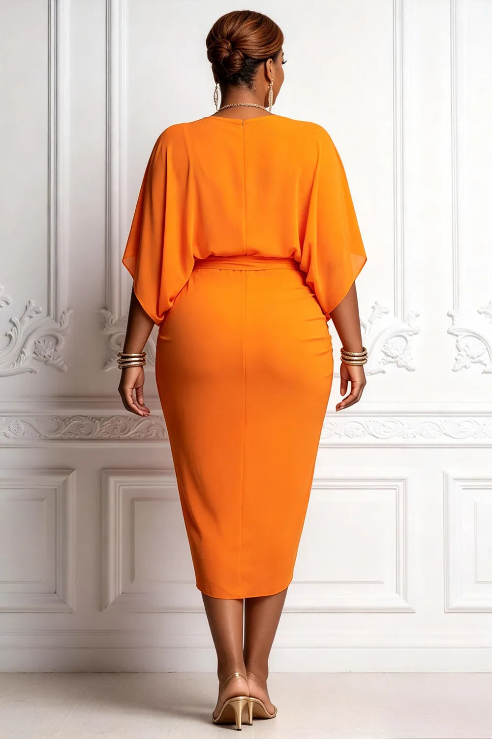 Cocktail Party Orange Round Neck Short Sleeve Fold Chiffon Midi Dresses [Pre-Order]