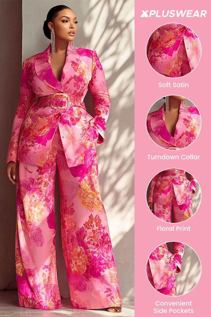 Hot Pink Turndown Collar Long Sleeve Pocket Satin Two Piece Pant Suits