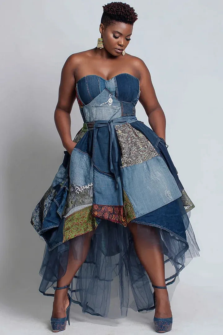 Party Blue All Over Print Pocket High Low Hem Tulle Midi Dresses