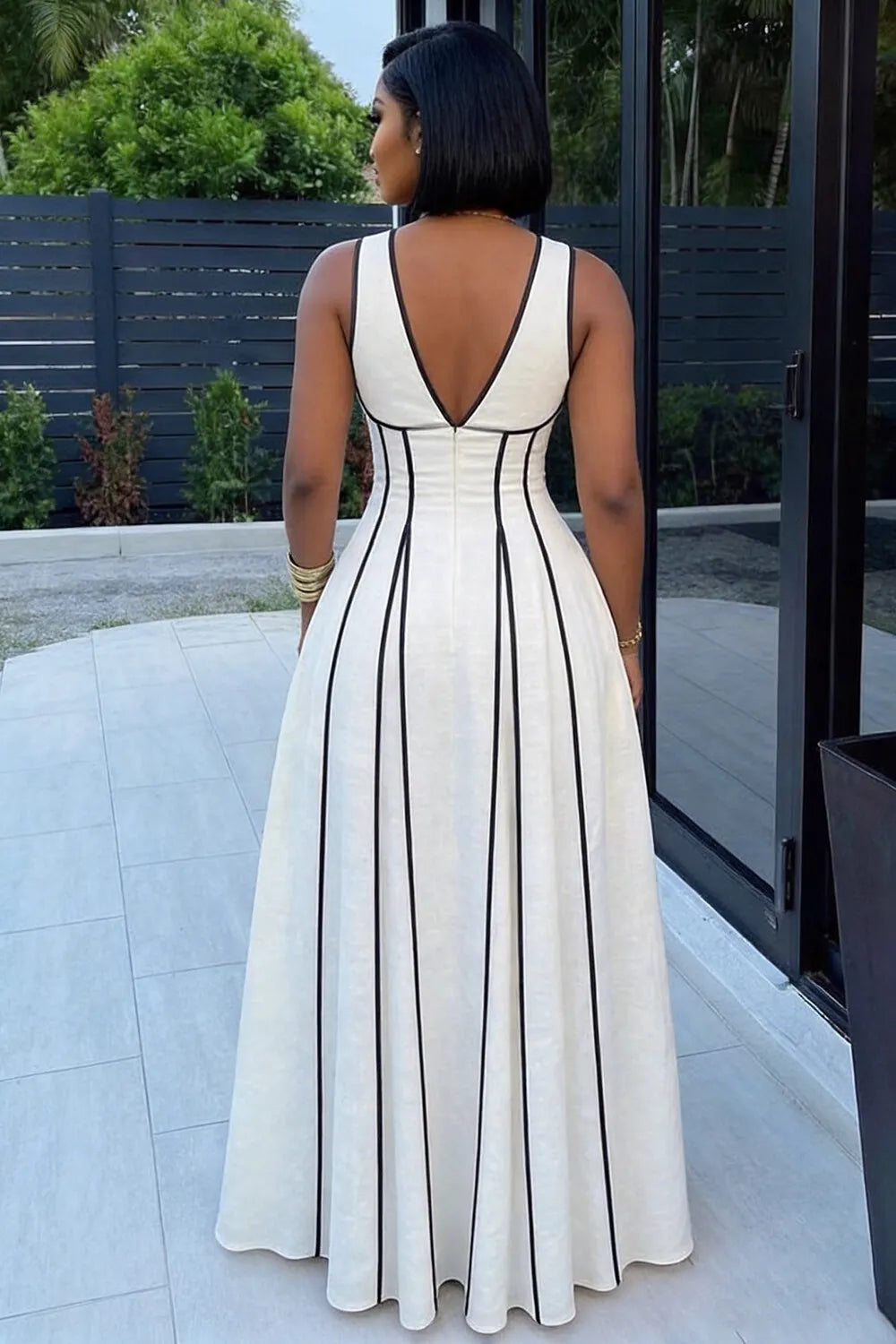 Deep V Neck Tie Ruffle Trim Hem Casual Maxi Dresses-White [Pre Order]