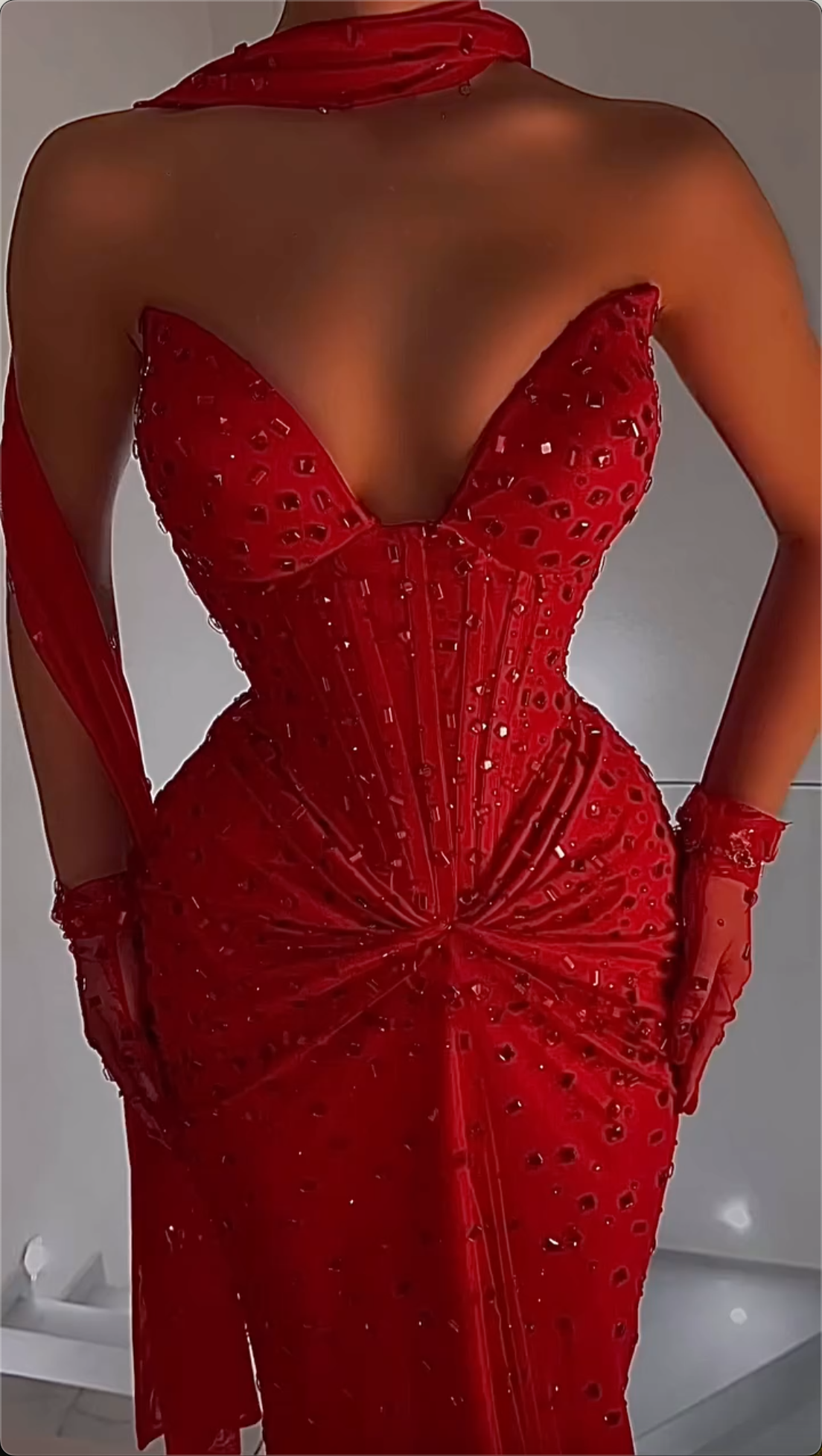 Red Strapless Crystal Mermaid Maxi Dress