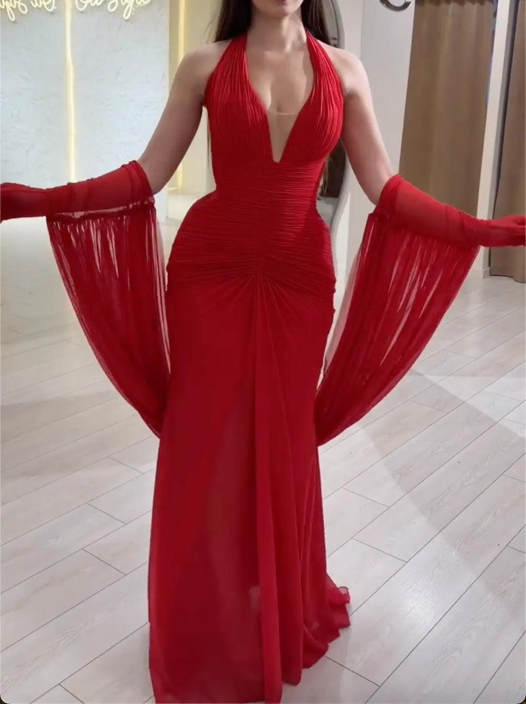 Red Halter Neck Chiffon Maxi Dress - Deep V Ruched Formal Gown with Matching Draped Gloves