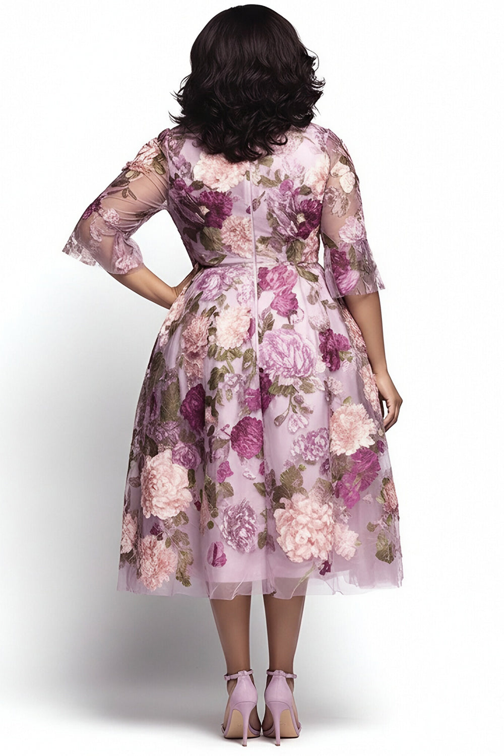 Cocktail Party Elegant Pink Floral Round Neck Half Sleeve See Through Tulle Midi Dresses