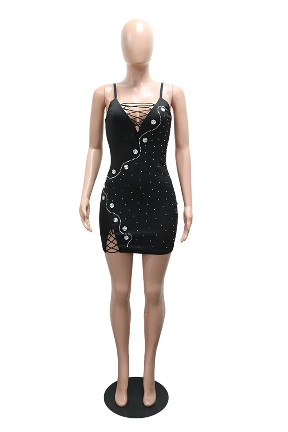 Spaghetti Strap Rhinestone Decor Strappy Bodycon Party Mini Dresses-Black