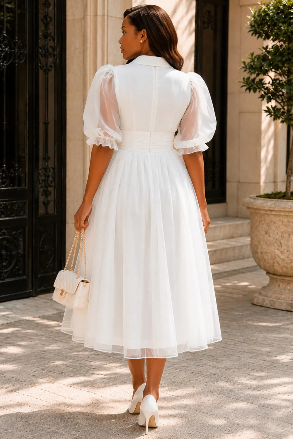 Wedding Guest Elegant White Shirt Collar Puff Sleeve Short Sleeve Pearls Tulle Midi Dresses [Pre-Order]