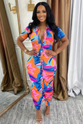 Turndown Collar Short Sleeve Colorblock Maxi Dresses-Multicolor