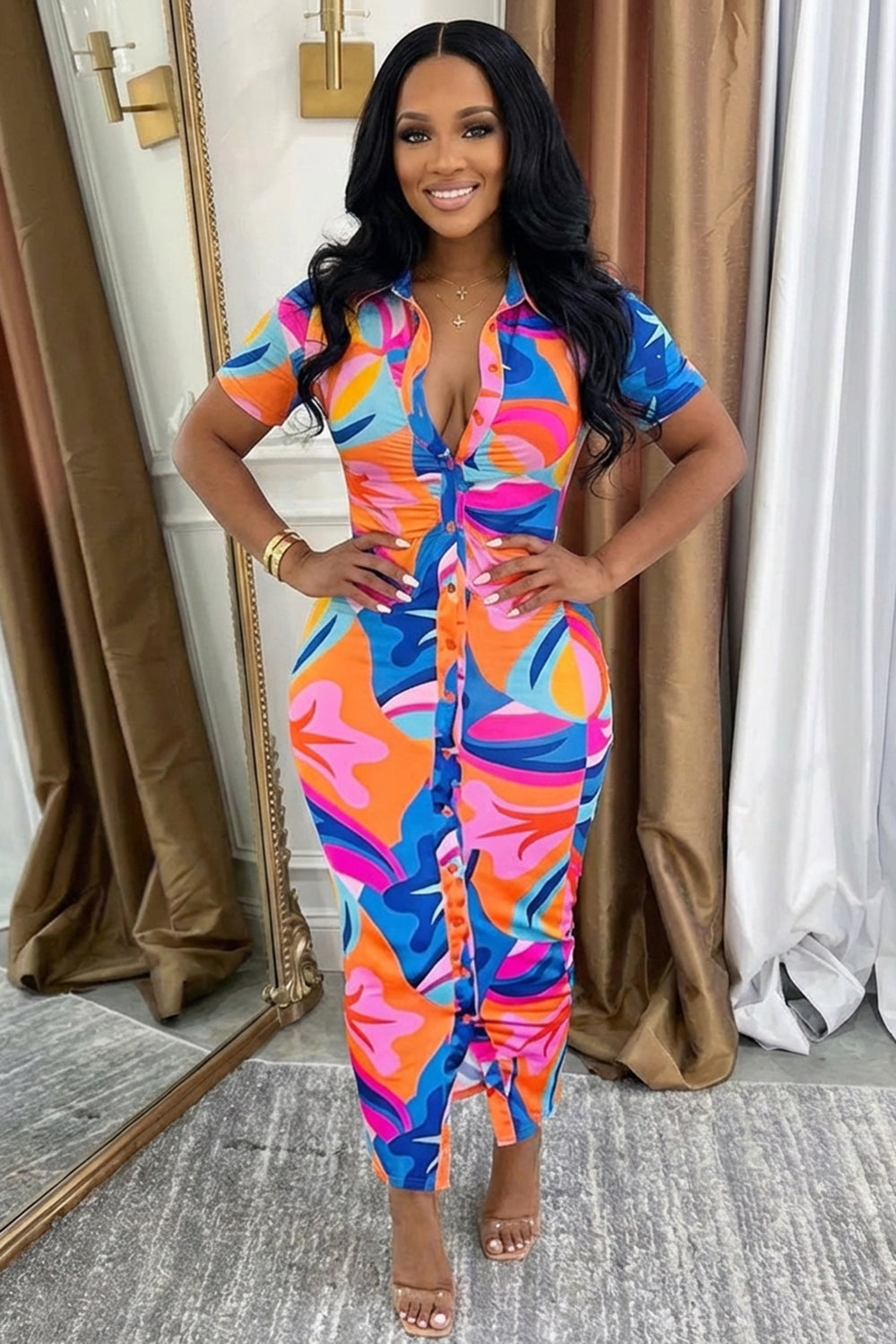 Turndown Collar Short Sleeve Colorblock Maxi Dresses-Multicolor