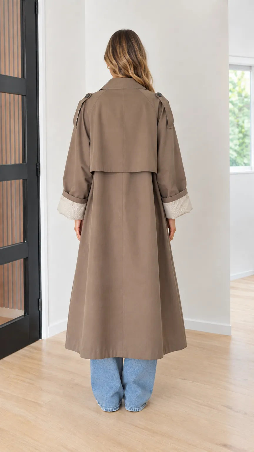 Women's Oversized Maxi Trench Coat with Contrast Ribbed Cuffs