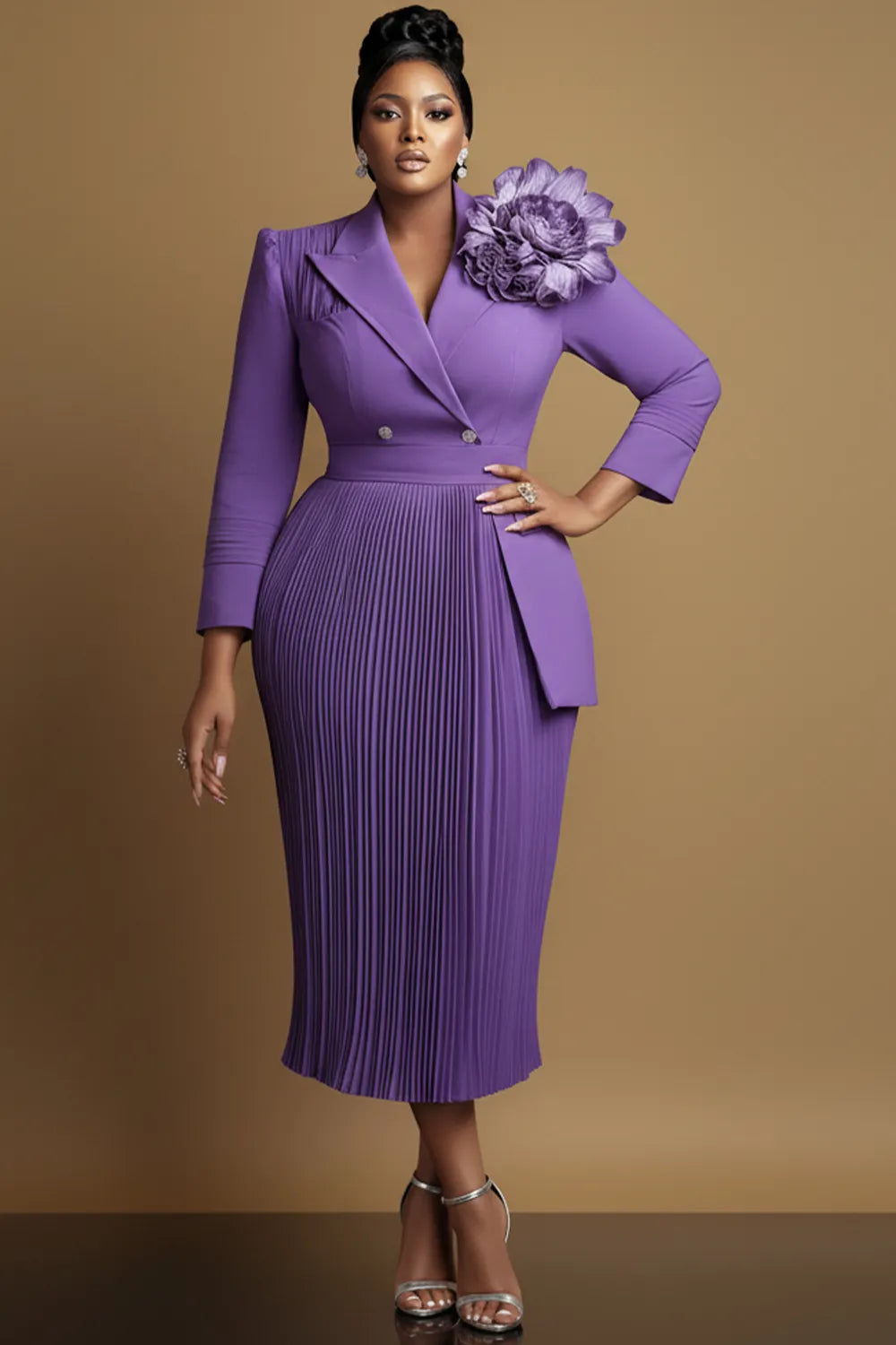 Purple Turndown Collar Long Sleeve Pleated Elegant 3D Midi Dresses