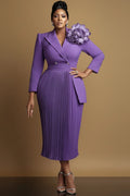 Purple Turndown Collar Long Sleeve Pleated Elegant 3D Midi Dresses