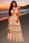 Cut Out Sleeveless Tiered Vacation Maxi Dresses-Multicolor