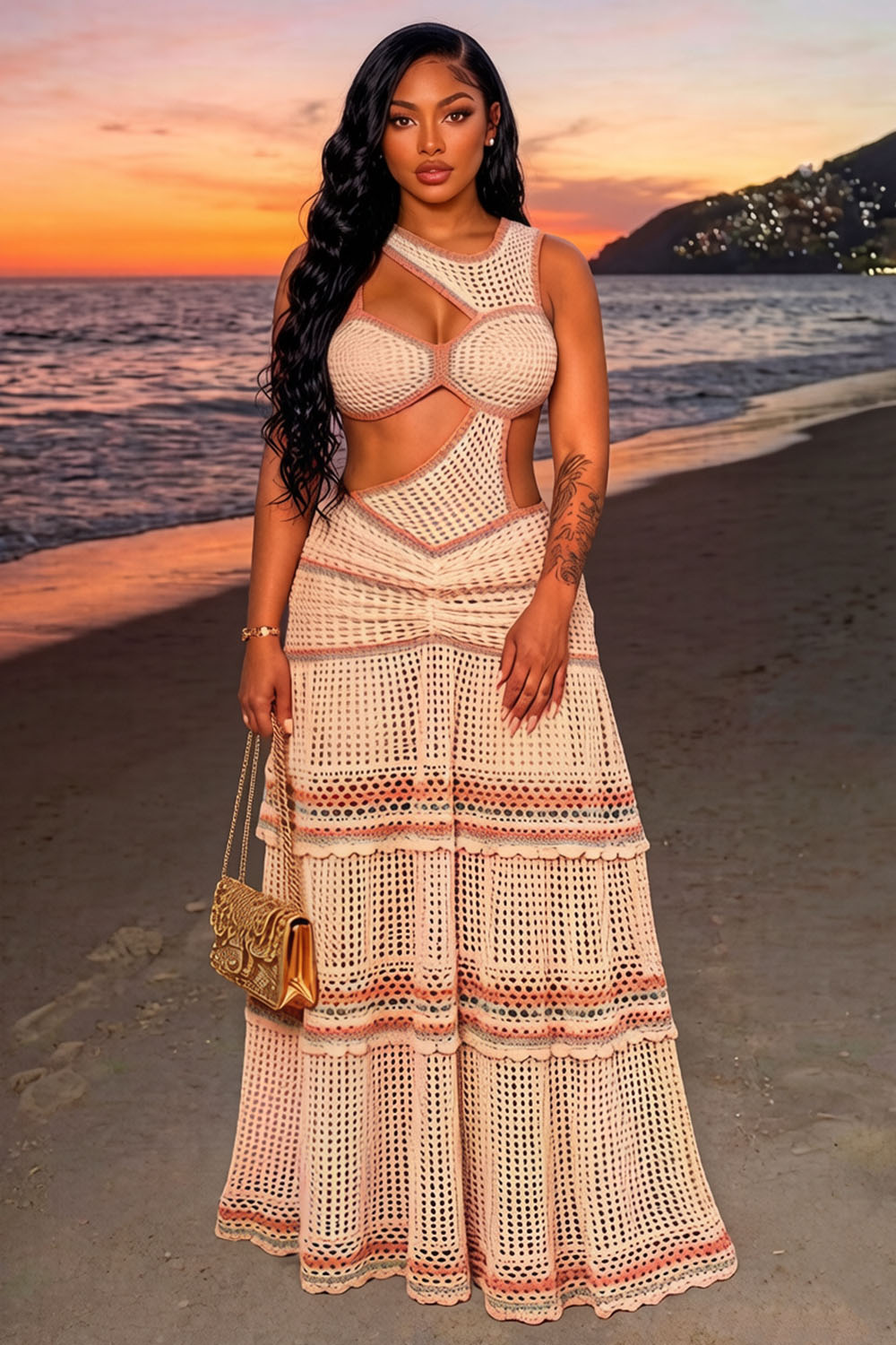 Cut Out Sleeveless Tiered Vacation Maxi Dresses-Multicolor