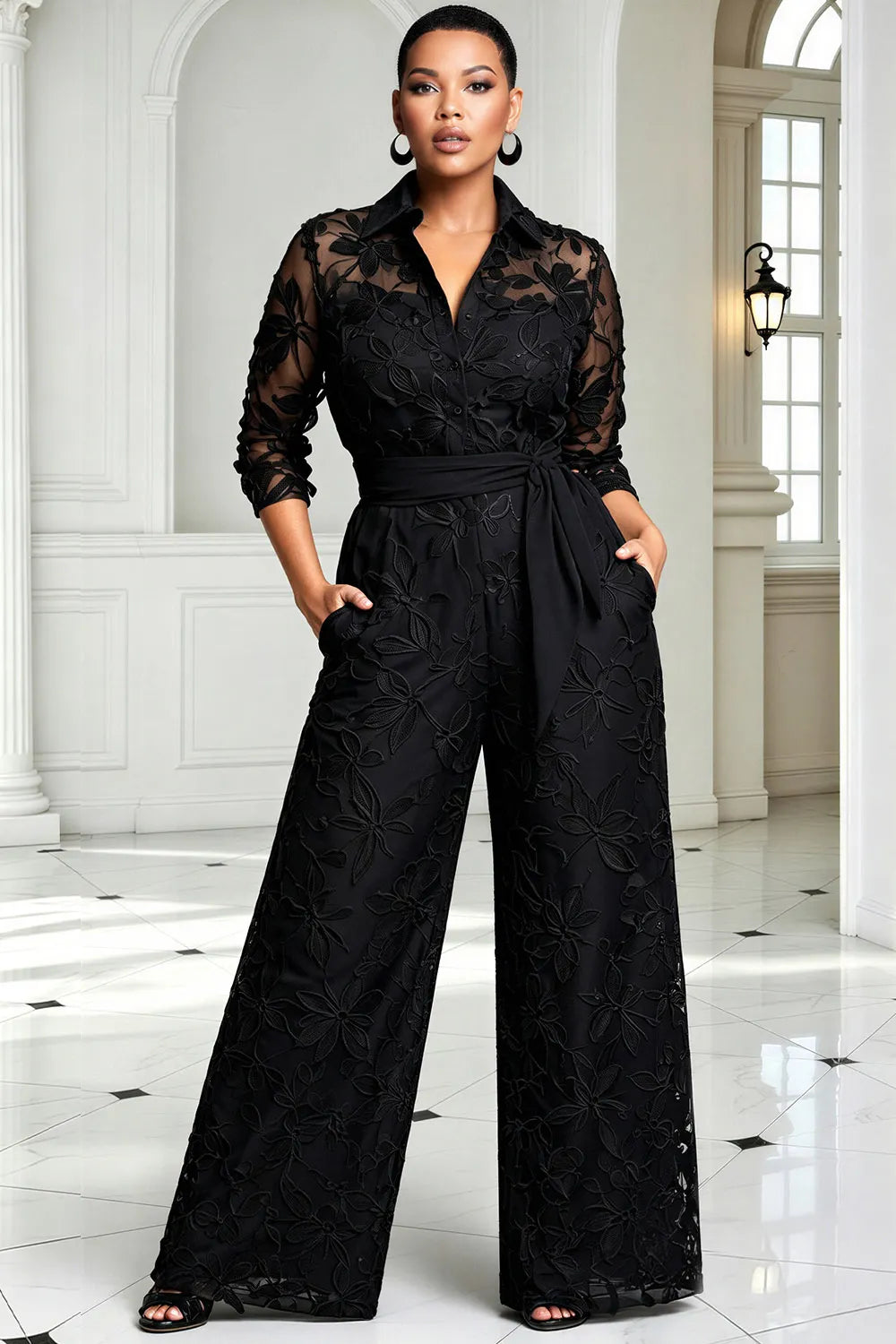 Black Shirt Collar 3/4 Sleeve Pocket Wide Leg Lace Jumpsuits [Pre-Order]