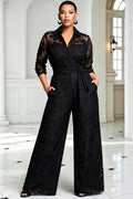 Black Shirt Collar 3/4 Sleeve Pocket Wide Leg Lace Jumpsuits [Pre-Order]