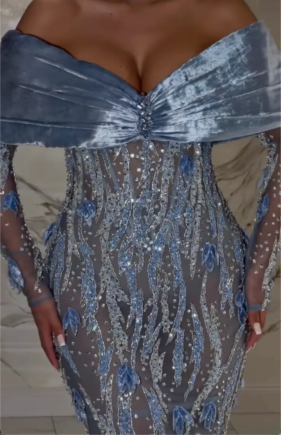 Off Shoulder Velvet Ruched Bust Leaf Sequin Rhinestone Sheer Mermaid Evening Gown, Dusty Blue Long Sleeve Formal Maxi Dress
