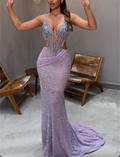 Lavender Sequin Corset Mermaid Maxi Dress - Cutout Waist Formal Evening Gown for Women