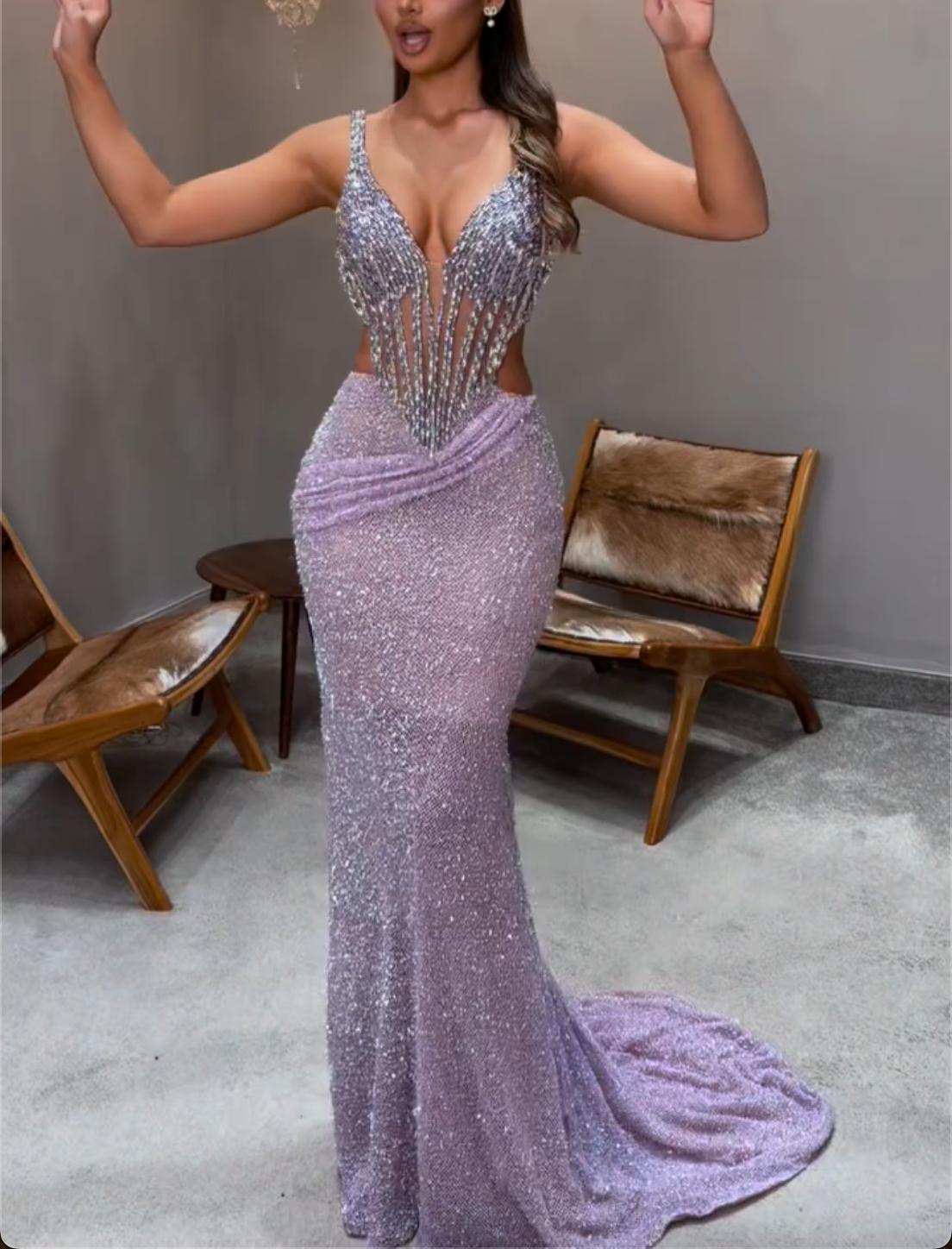 Lavender Sequin Corset Mermaid Maxi Dress - Cutout Waist Formal Evening Gown for Women
