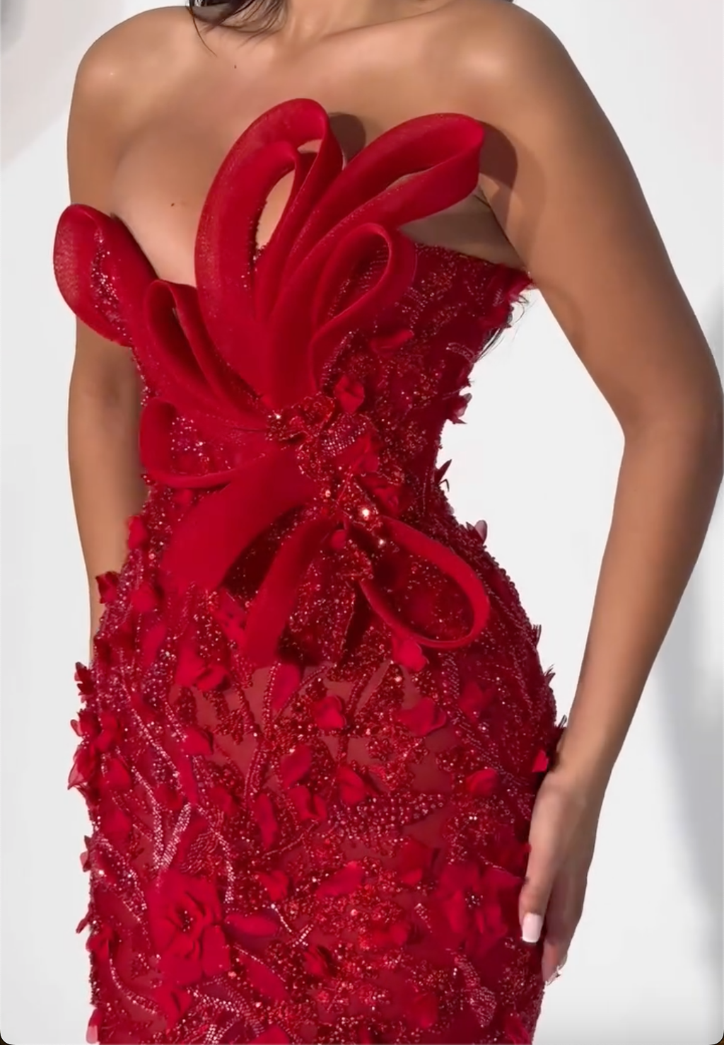 Red Strapless 3D Floral Sequin Mermaid Maxi Dress - Formal Evening Gown for Women