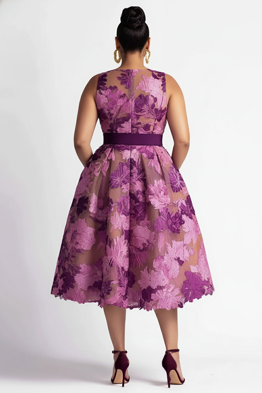 Cocktail Party Purple Floral V Neck Pocket Midi Dresses