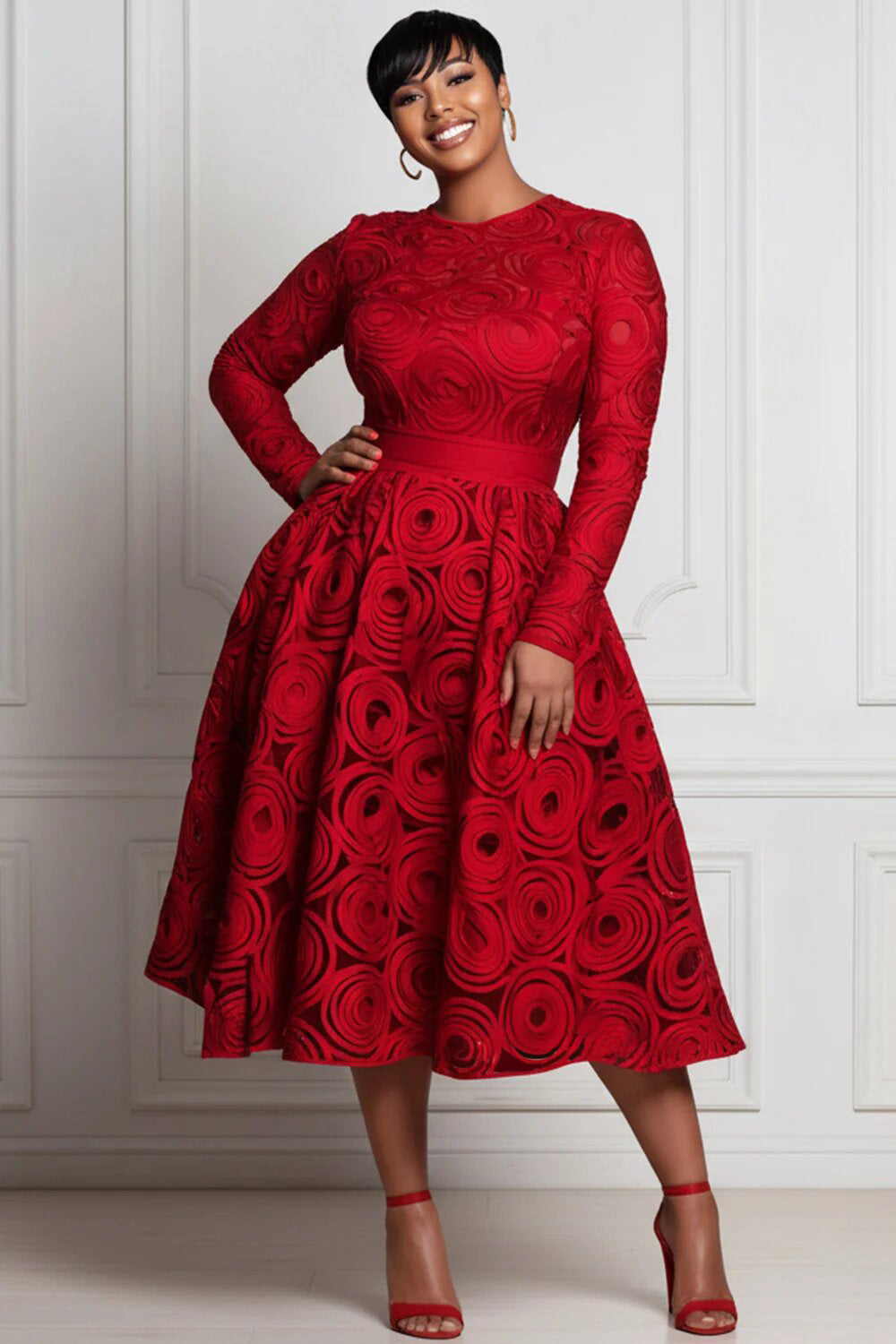 Red All Over Print Round Neck Long Sleeve Pocket Elegant Satin Midi Dresses