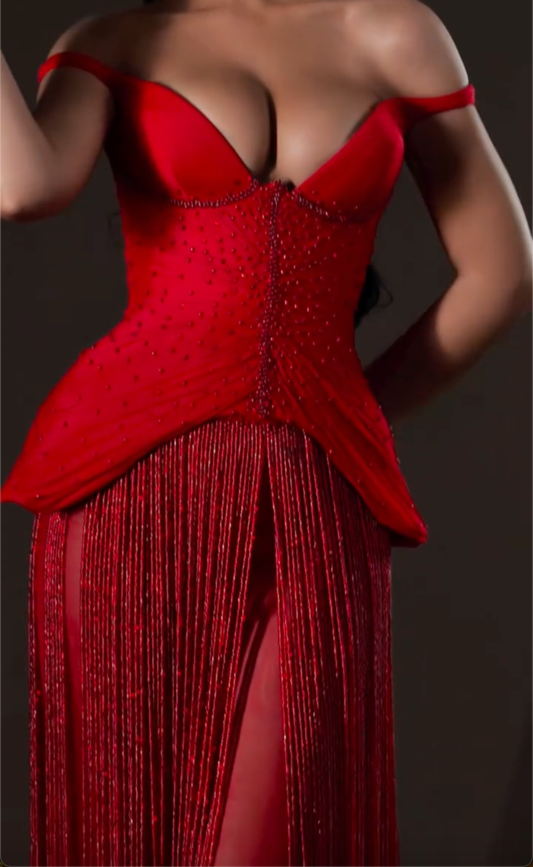 Red Off-the-Shoulder Beaded Sheer Maxi Dress with Fringe Skirt