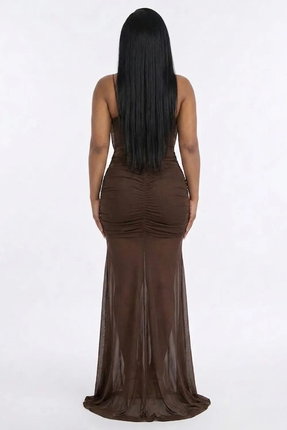 Spaghetti Strap Metal Decor See Through Mesh Slim Fit Maxi Dresses-Brown