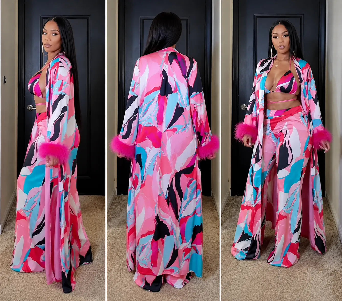 Abstract Print Feather Trim Kimono 3 Piece Wide Leg Pant Set