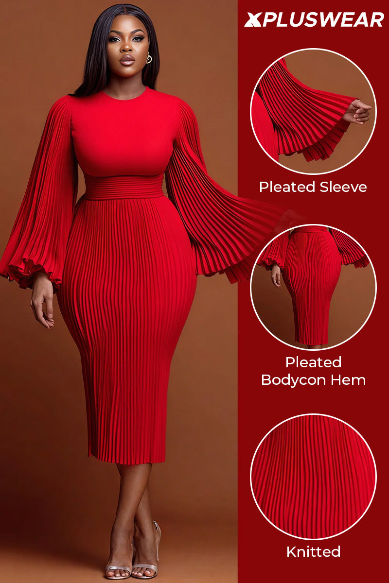 Christmas Red Round Neck Flare Long Sleeve Bodycon Elegant Pleated Knitted Midi Dresses