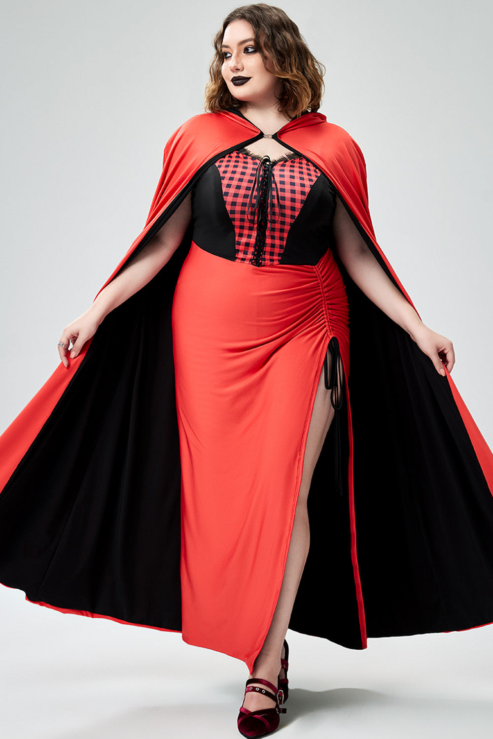 Halloween Costume Red Cosplay Cloak Lace Up Knitted Maxi Dress(Ships 24h)