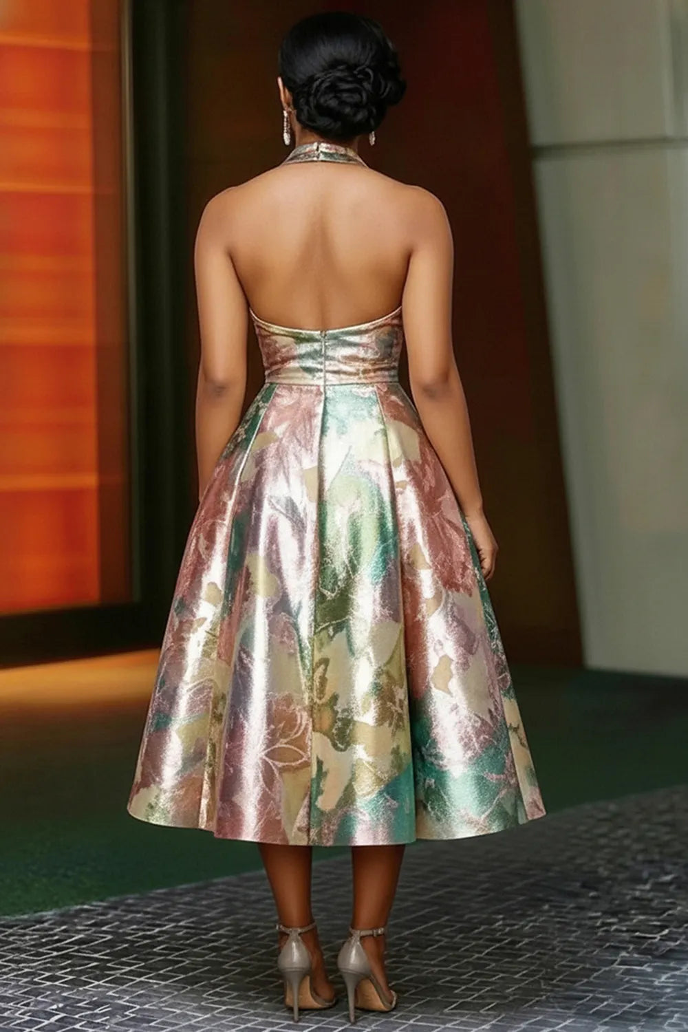 Halter Backless A-Line Bouffant Gowns Midi Dresses-Multicolor
