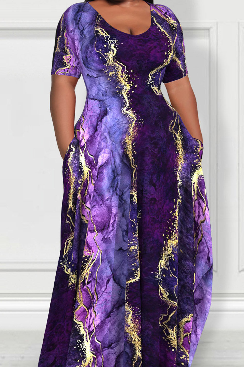 Purple Ombre Marble Texture Short Sleeve Maxi Dresses
