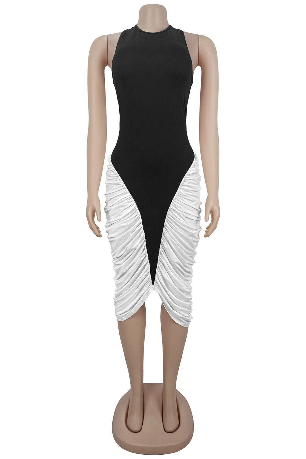 Halter Backless Colorblock Mesh Ruched Slim Fit Gowns Midi Dresses-Black