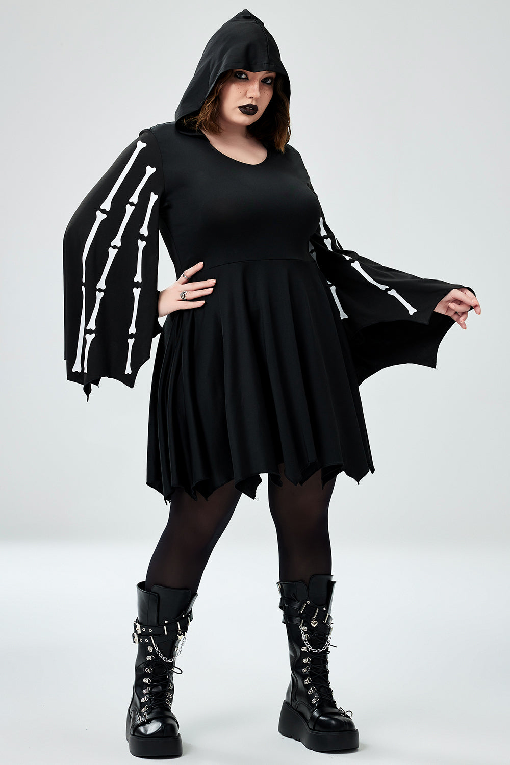 Halloween Costume Black Bat Skeletons Knitted Mini Dress(Ships 24h)