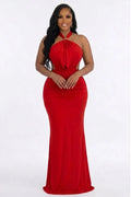 Halter Neck Metal Decor Ruched Back Lace-Up Evening Gowns Maxi Dresses-Red